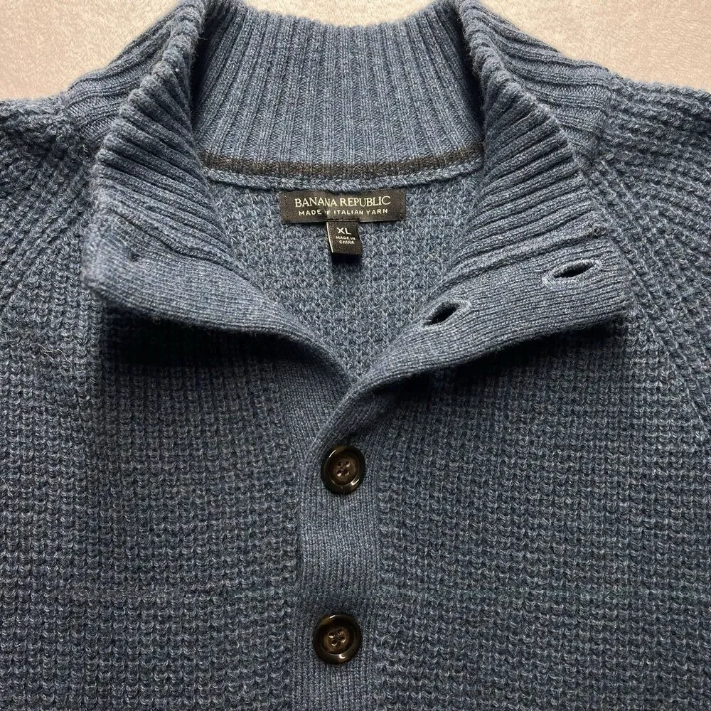 Banana Republic Italian Yarn Sweater Wool Cable Knit Henley Blue Mens XL